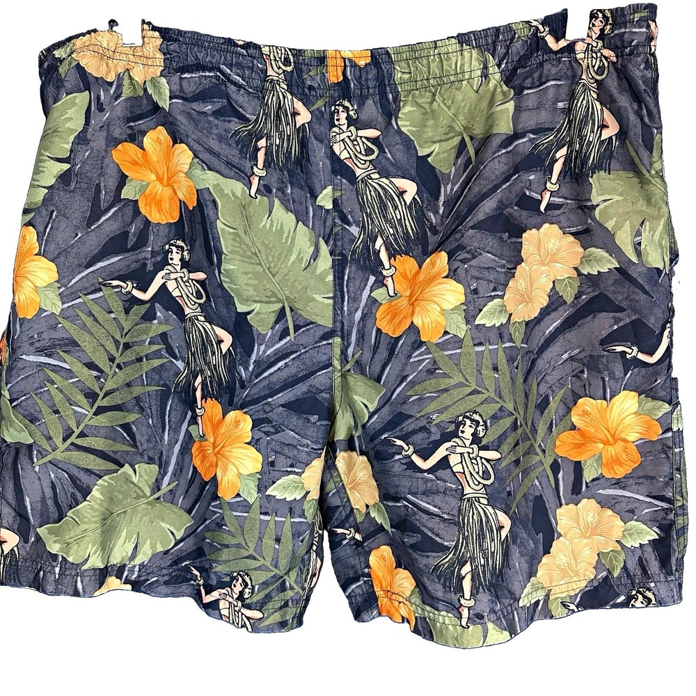 Breakwater Swim Trunks Mens XL Blue Hawaiian Floral Hula Girl Lined